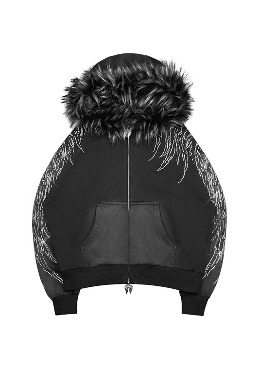 FALLEN FAUX FUR RHINESTONE ZIP HOODIE WASHED BLACK